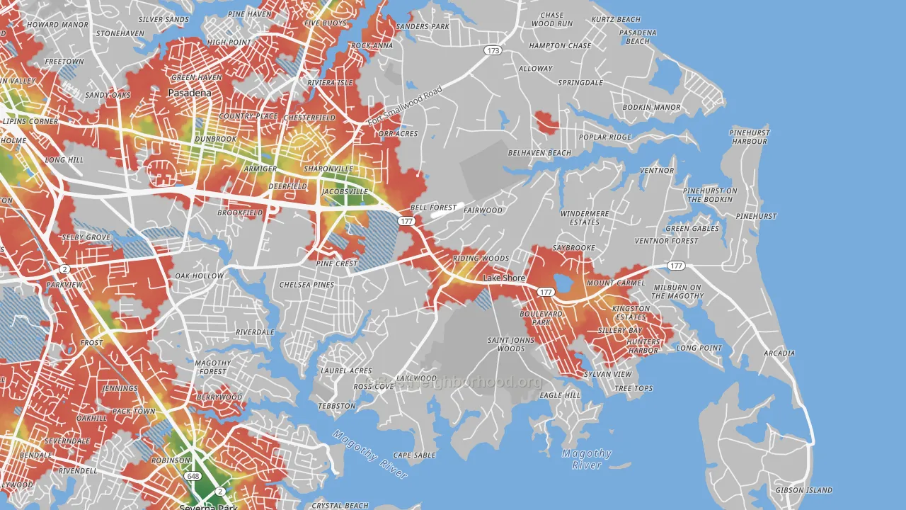 Walk Grade map of Lake Shore, MD, walkable areas in green and car-dependent areas in red