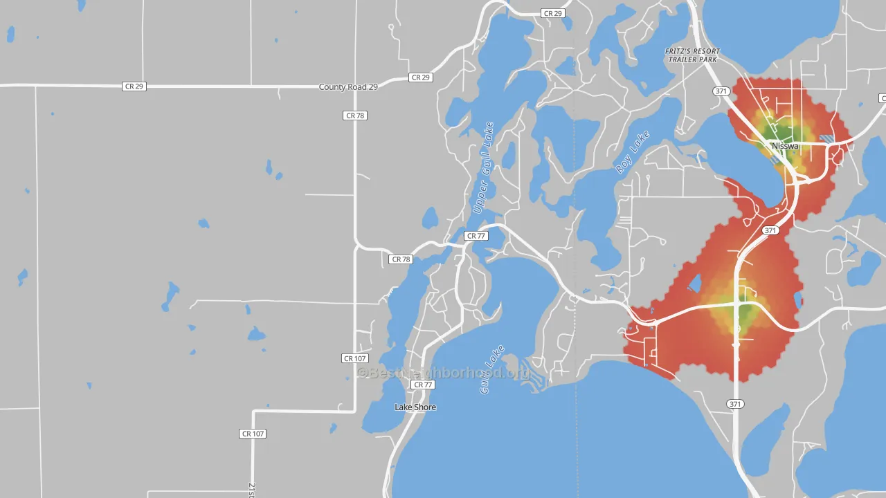 Walk Grade map of Lake Shore, MN, walkable areas in green and car-dependent areas in red