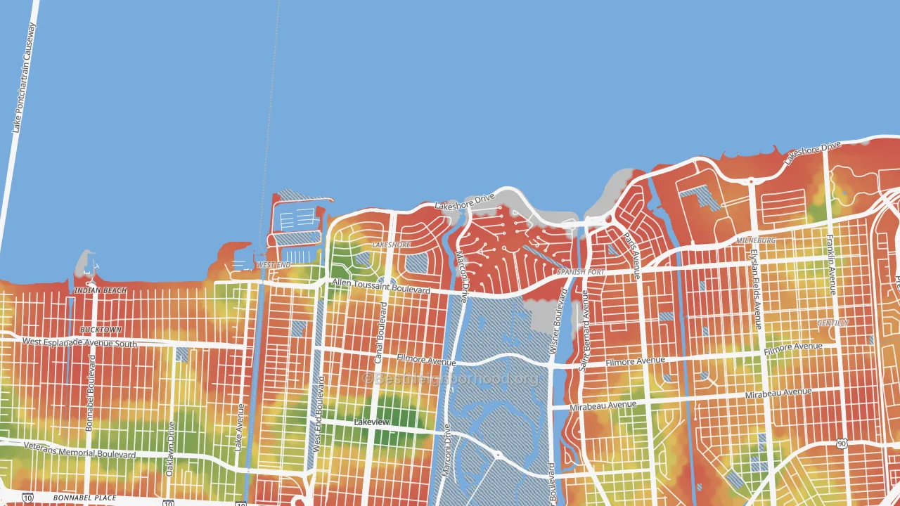 Walk Grade map of Lake Shore, New Orleans, LA, walkable areas in green and car-dependent areas in red
