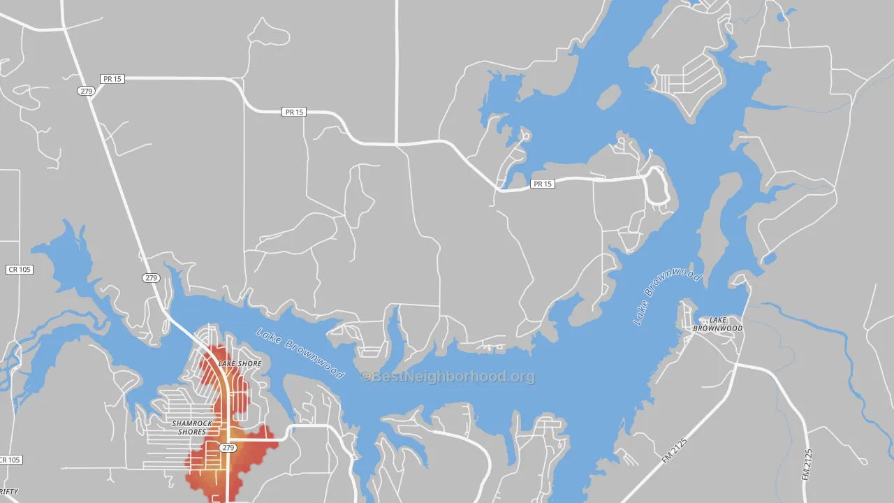 Walk Grade map of Lake Shore, TX, walkable areas in green and car-dependent areas in red