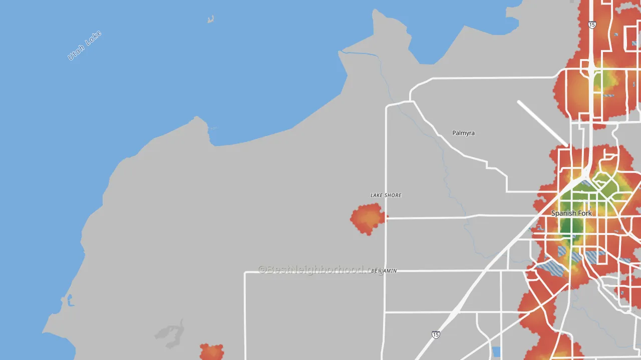 Walk Grade map of Lake Shore, UT, walkable areas in green and car-dependent areas in red