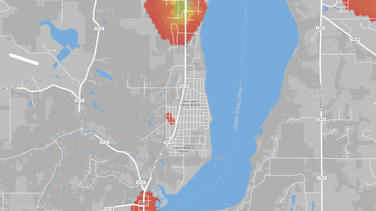 Walk Grade map of Lake St. Croix Beach, MN, walkable areas in green and car-dependent areas in red