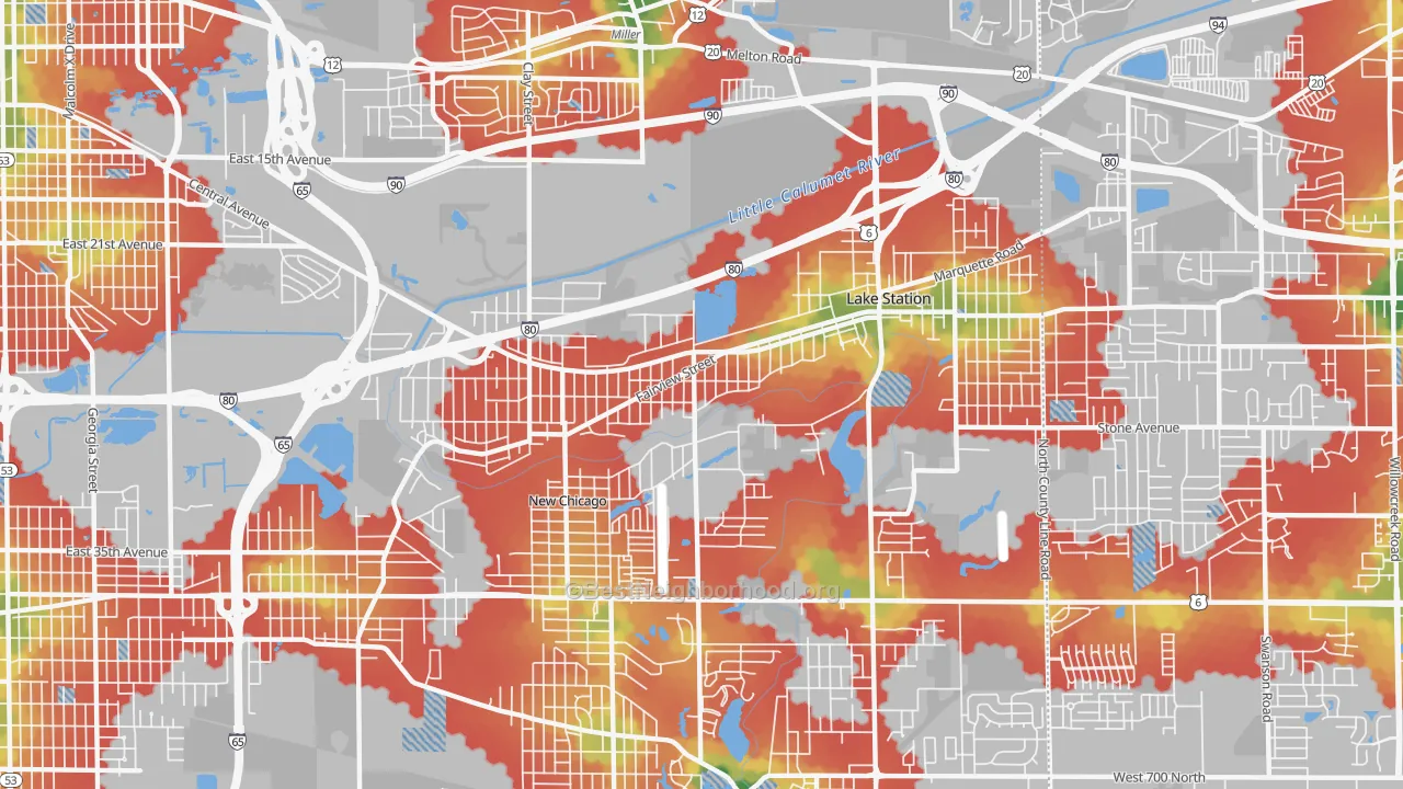 Walk Grade map of Lake Station, IN, walkable areas in green and car-dependent areas in red