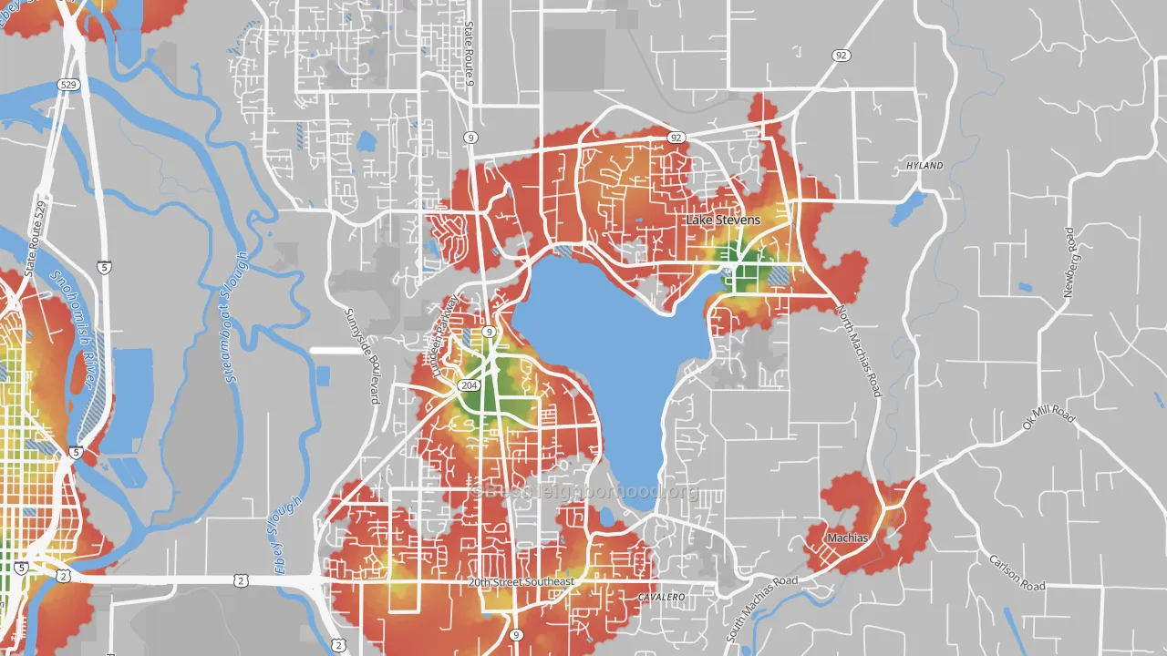 Walk Grade map of Lake Stevens, WA, walkable areas in green and car-dependent areas in red