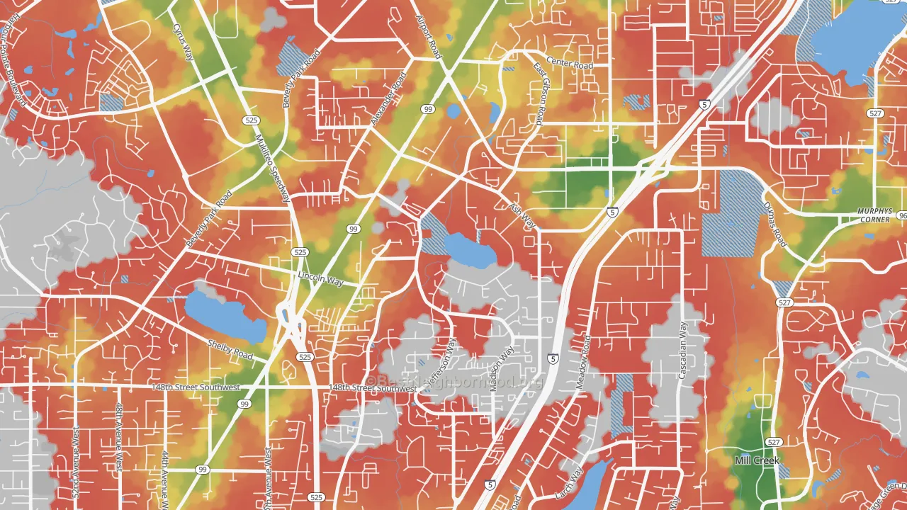Walk Grade map of Lake Stickney, WA, walkable areas in green and car-dependent areas in red