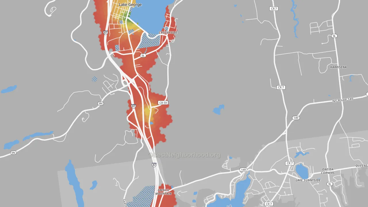 Walk Grade map of Lake Sunnyside, NY, walkable areas in green and car-dependent areas in red