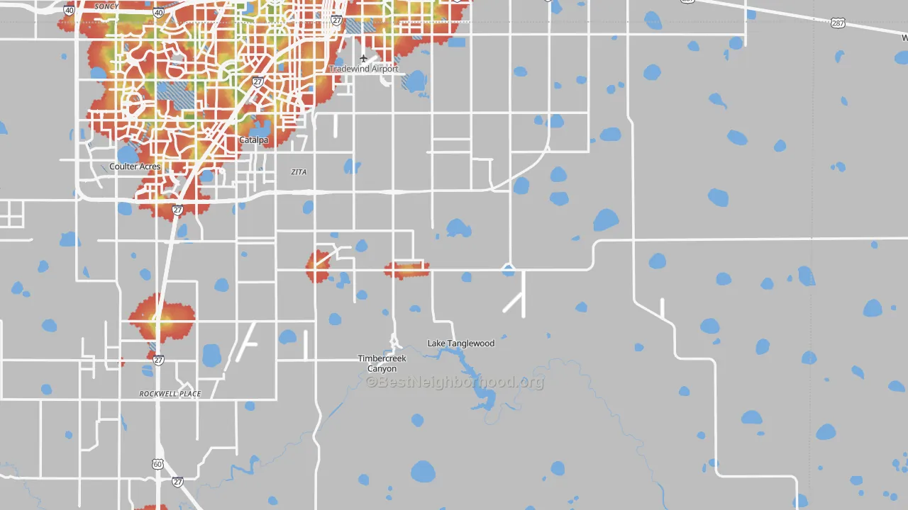 Walk Grade map of Lake Tanglewood, TX, walkable areas in green and car-dependent areas in red