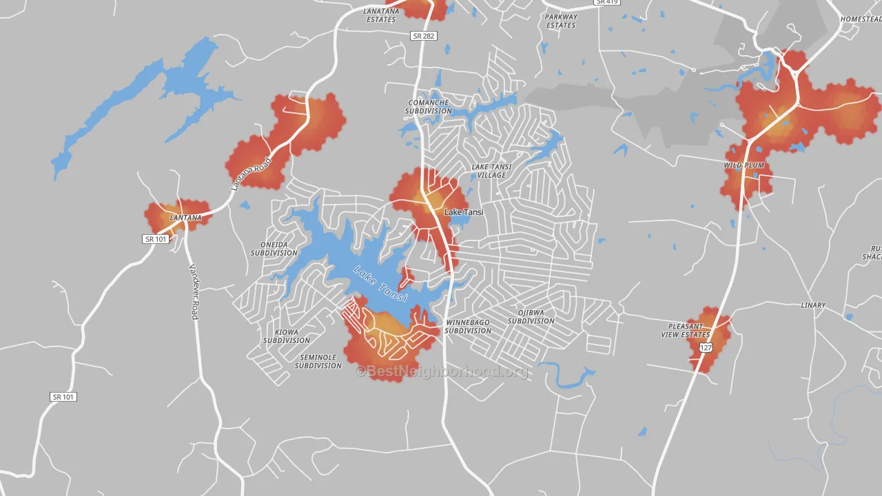 Walk Grade map of Lake Tansi, TN, walkable areas in green and car-dependent areas in red