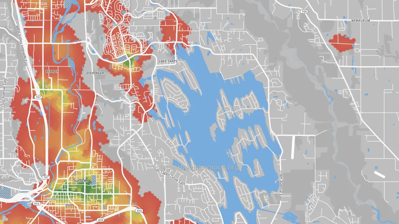Walk Grade map of Lake Tapps, WA, walkable areas in green and car-dependent areas in red