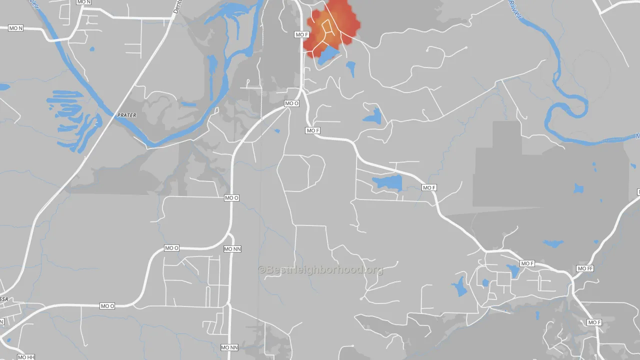 Walk Grade map of Lake Tekakwitha, MO, walkable areas in green and car-dependent areas in red
