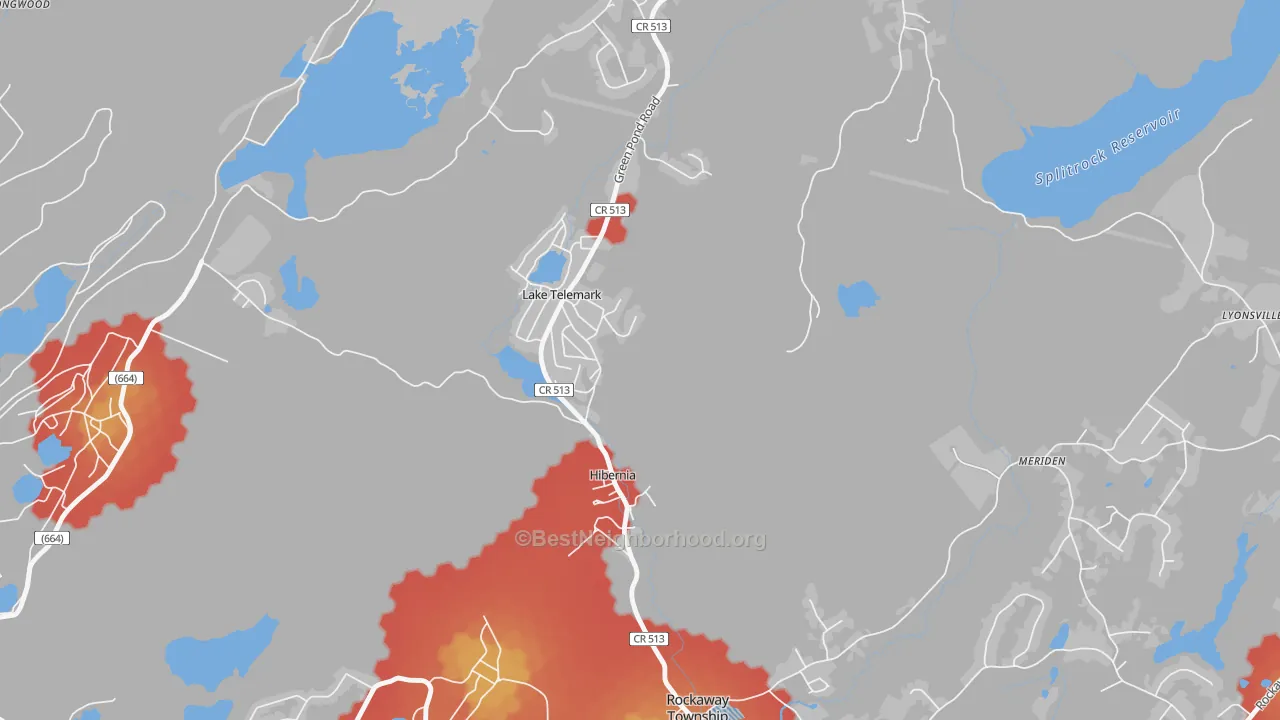 Walk Grade map of Lake Telemark, NJ, walkable areas in green and car-dependent areas in red