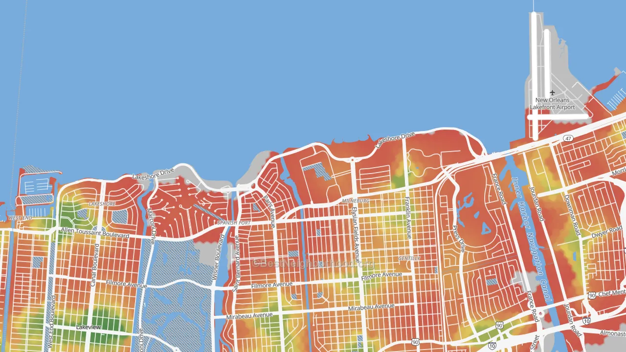 Walk Grade map of Lake Terrace and Oaks, New Orleans, LA, walkable areas in green and car-dependent areas in red