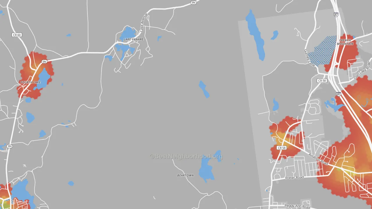 Walk Grade map of Lake Vanare, NY, walkable areas in green and car-dependent areas in red