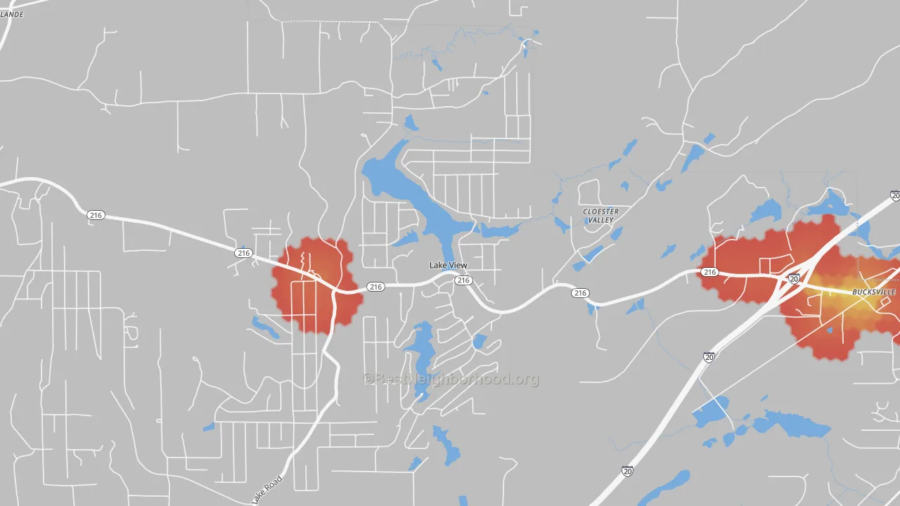 Walk Grade map of Lake View, AL, walkable areas in green and car-dependent areas in red
