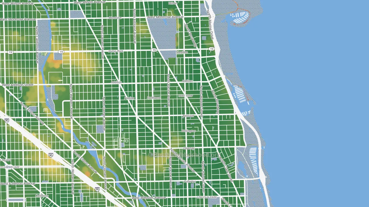 Walk Grade map of Lake View, Chicago, IL, walkable areas in green and car-dependent areas in red