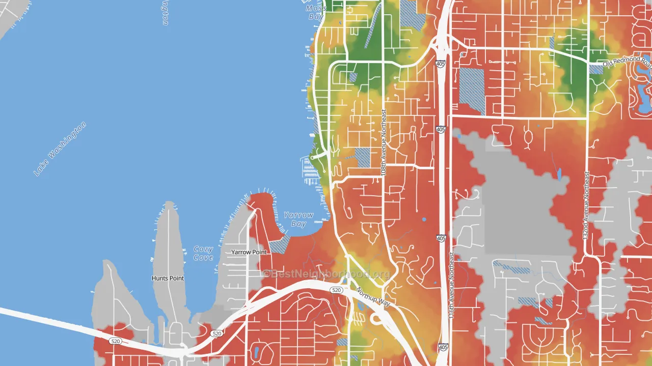 Walk Grade map of Lake View, Kirkland, WA, walkable areas in green and car-dependent areas in red