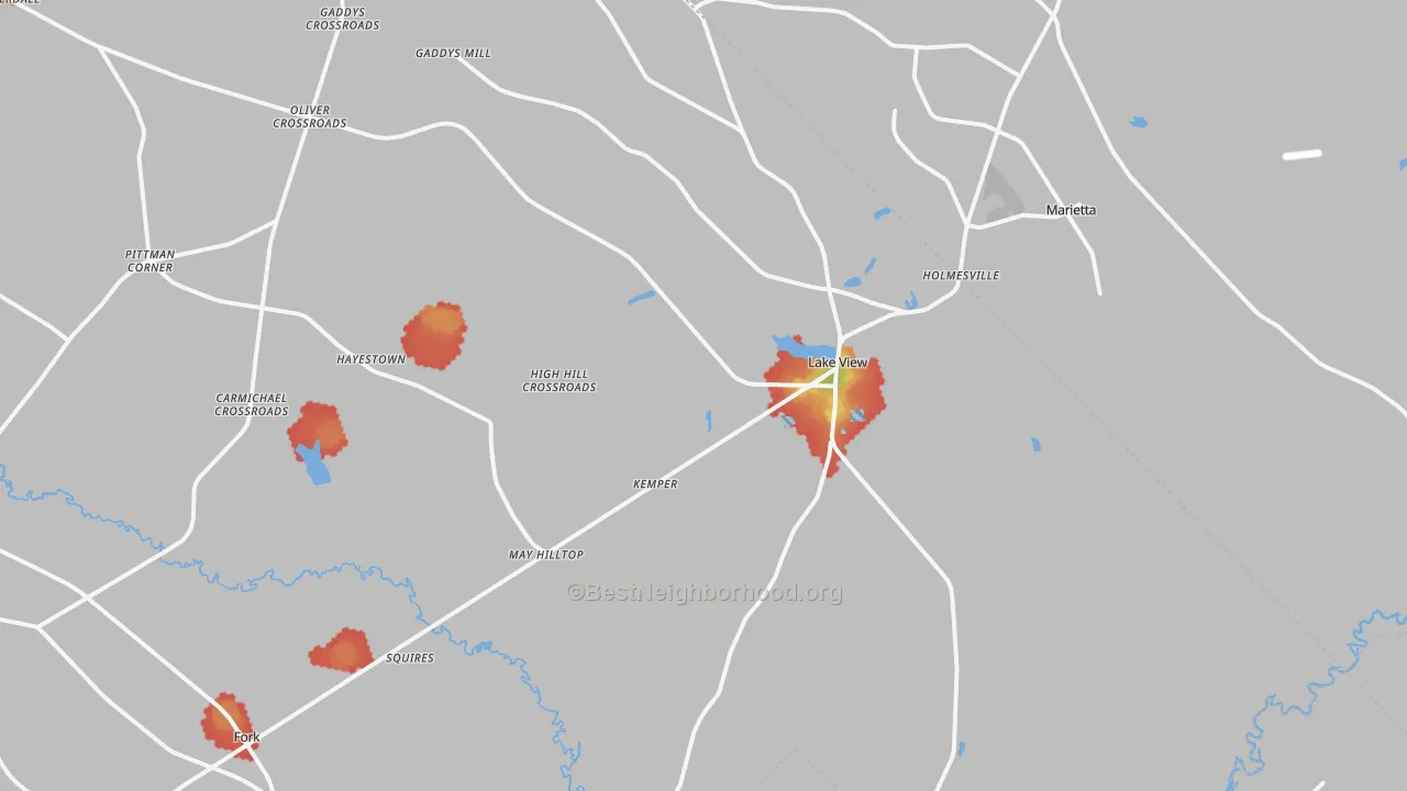 Walk Grade map of Lake View, SC, walkable areas in green and car-dependent areas in red