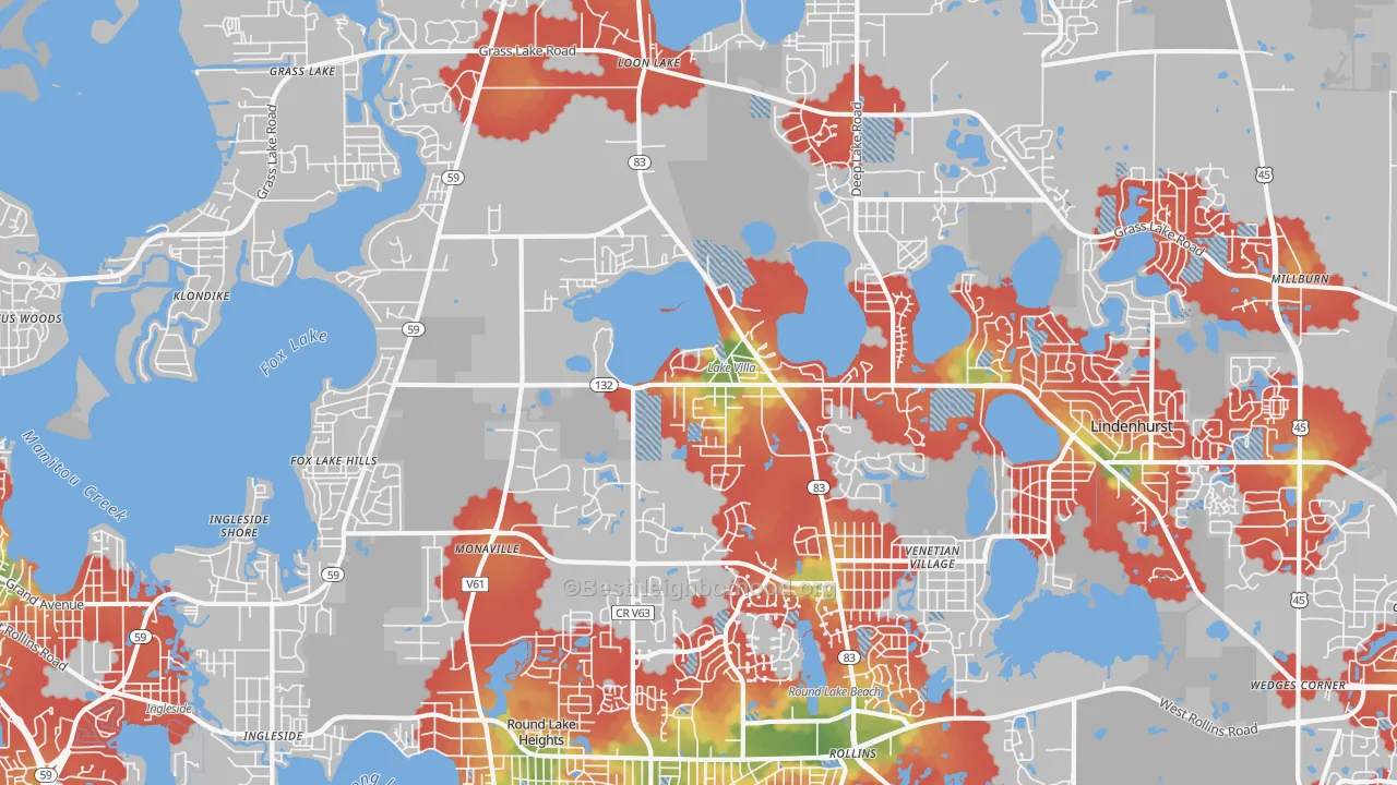 Walk Grade map of Lake Villa, IL, walkable areas in green and car-dependent areas in red