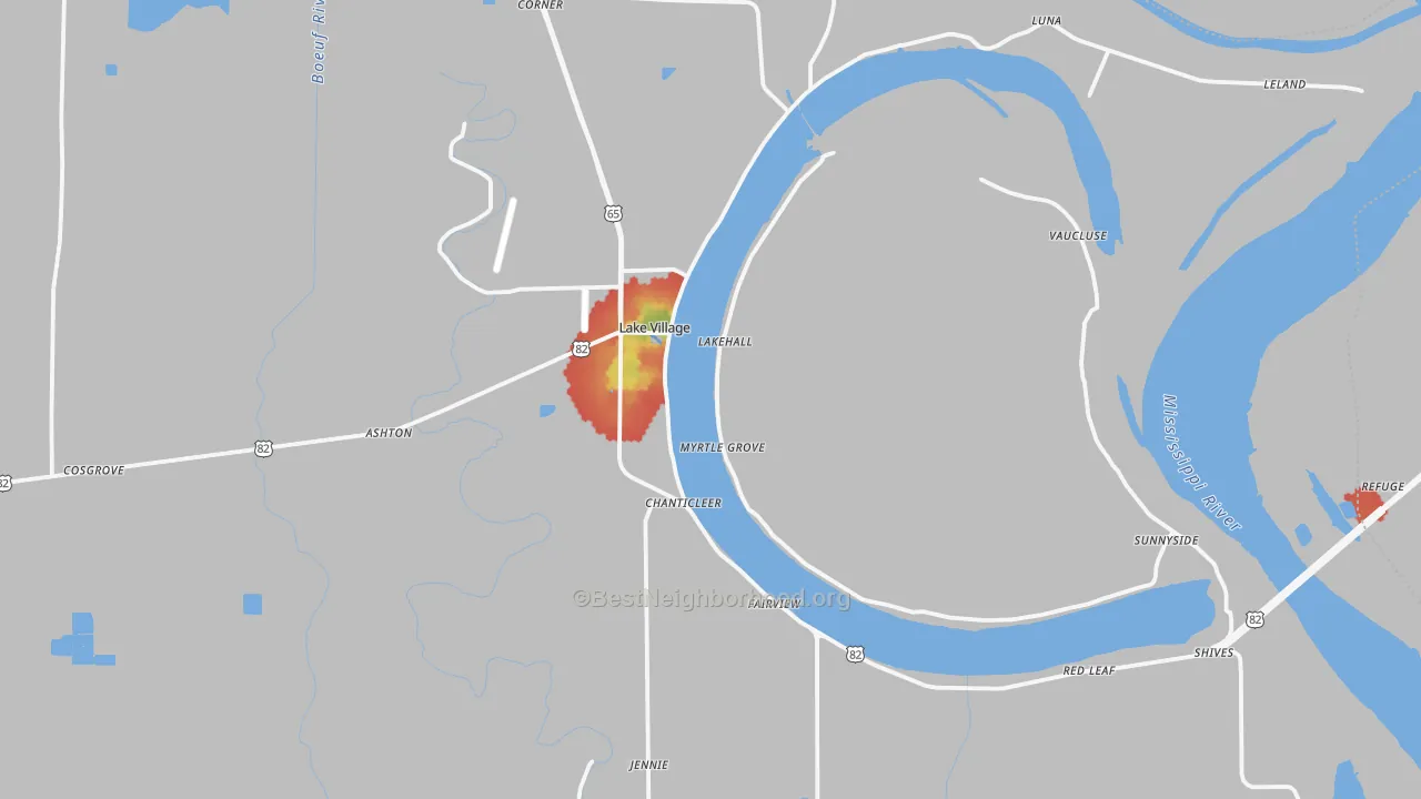 Walk Grade map of Lake Village, AR, walkable areas in green and car-dependent areas in red