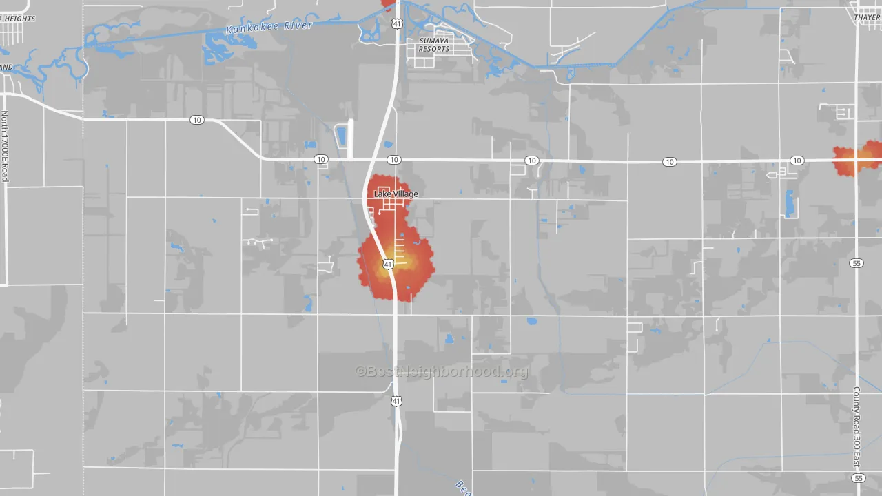 Walk Grade map of Lake Village, IN, walkable areas in green and car-dependent areas in red