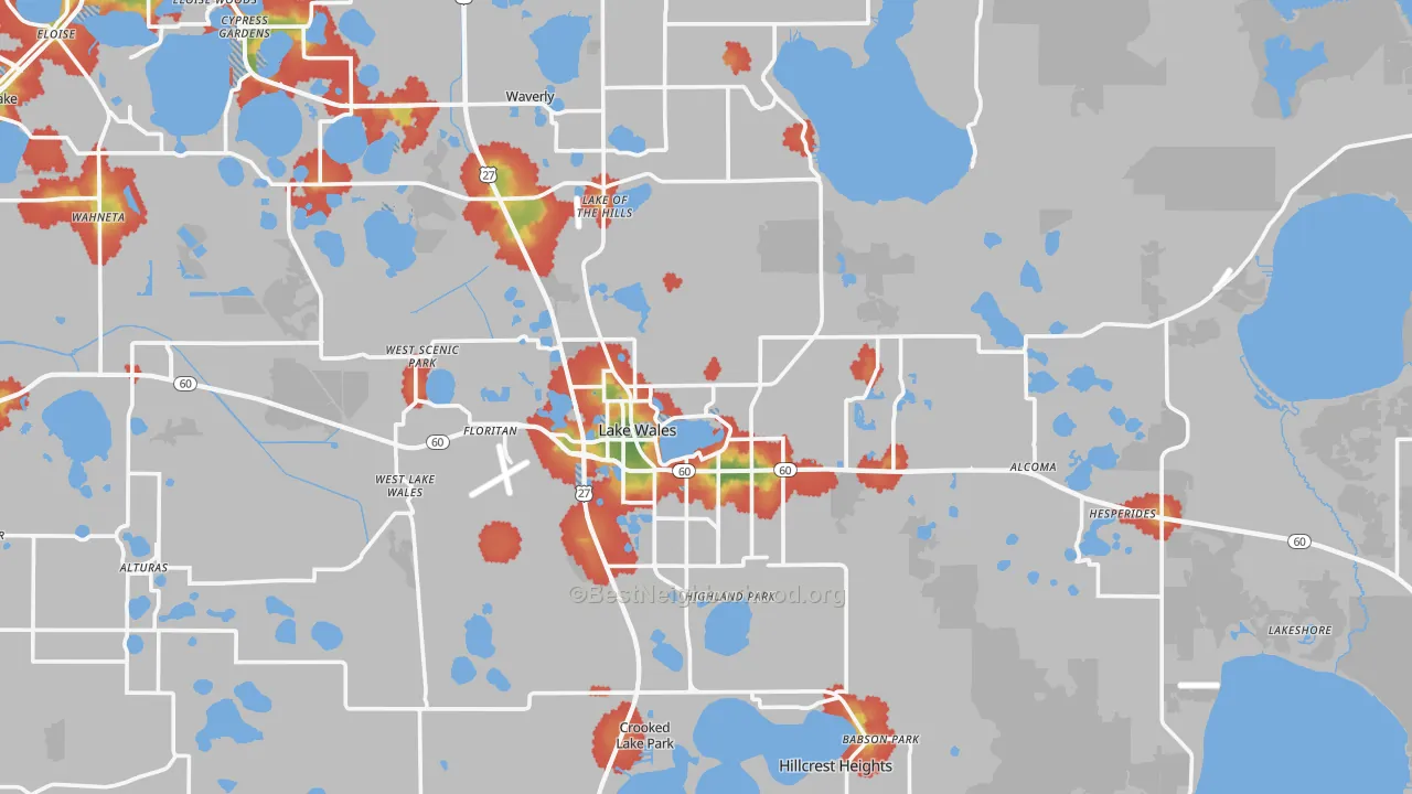 Walk Grade map of Lake Wales, FL, walkable areas in green and car-dependent areas in red