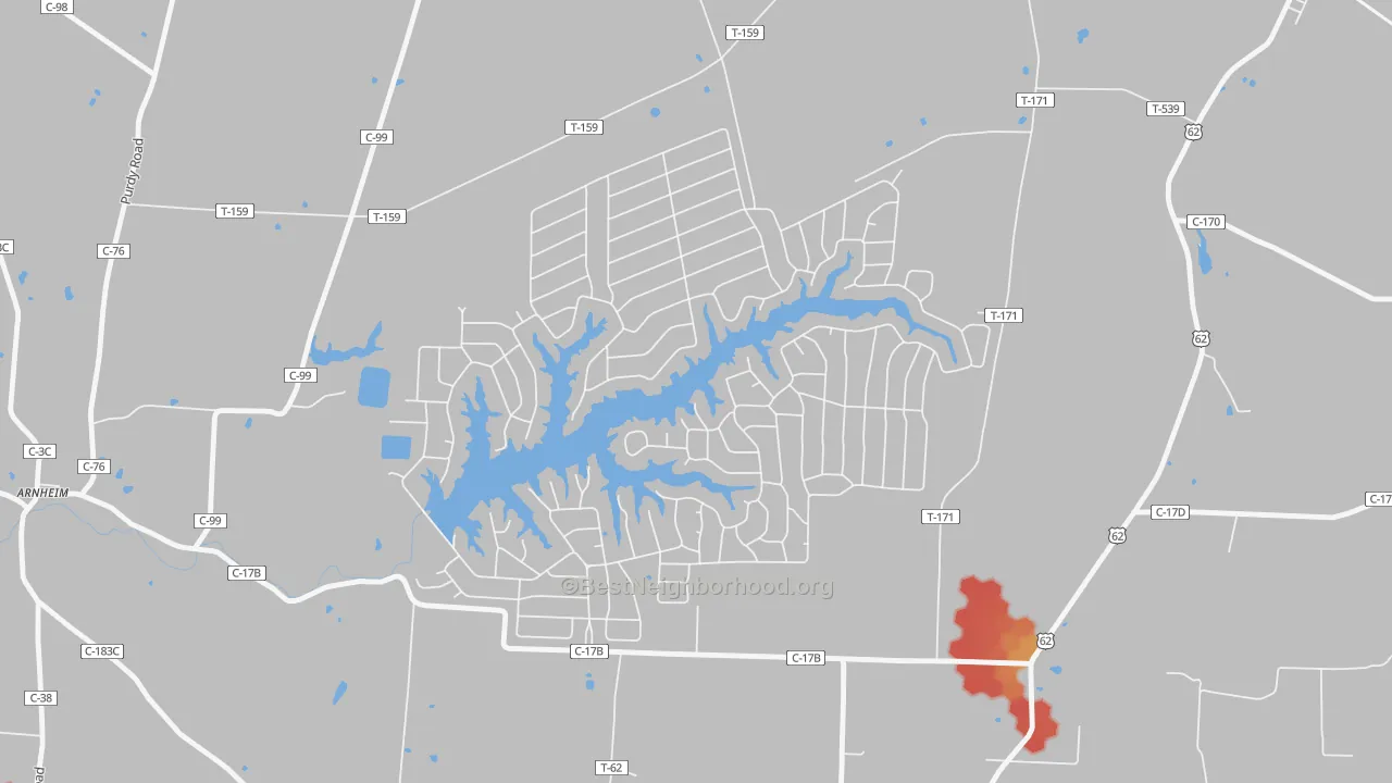 Walk Grade map of Lake Waynoka, OH, walkable areas in green and car-dependent areas in red