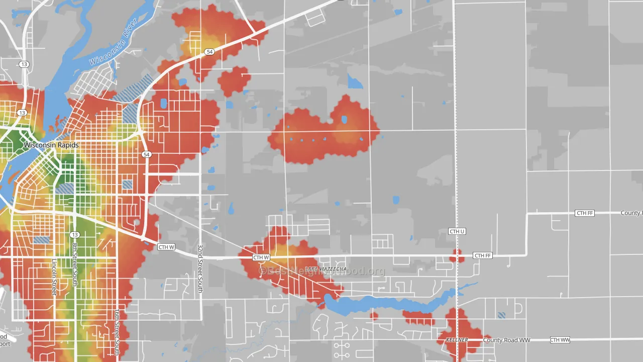 Walk Grade map of Lake Wazeecha, WI, walkable areas in green and car-dependent areas in red
