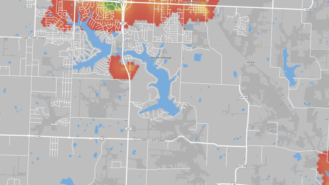Walk Grade map of Lake Winnebago, MO, walkable areas in green and car-dependent areas in red