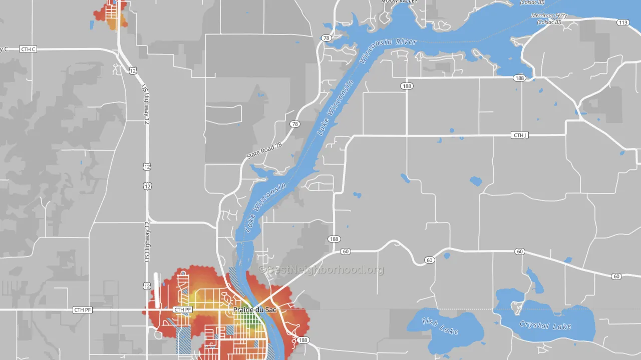 Walk Grade map of Lake Wisconsin, WI, walkable areas in green and car-dependent areas in red