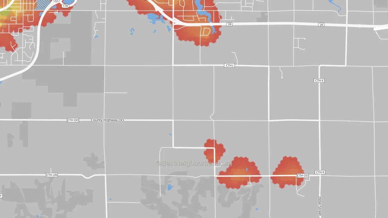 Walk Grade map of Lake Wissota, WI, walkable areas in green and car-dependent areas in red
