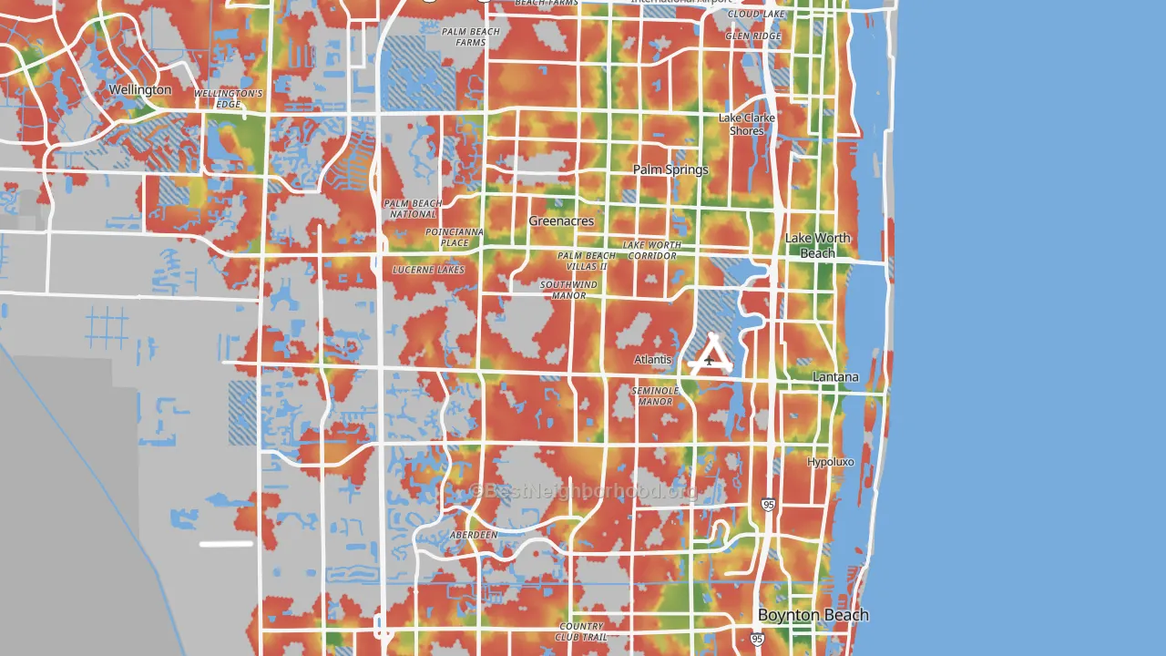 Walk Grade map of Lake Worth, FL, walkable areas in green and car-dependent areas in red