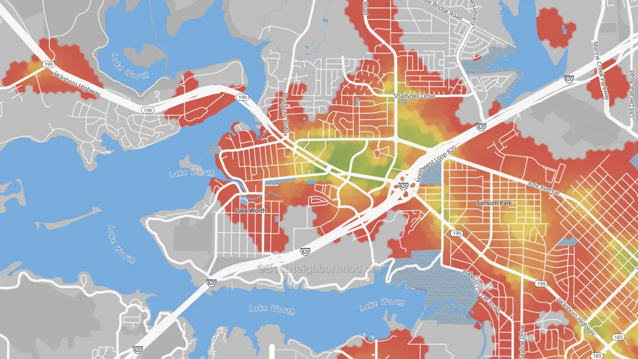 Walk Grade map of Lake Worth, TX, walkable areas in green and car-dependent areas in red