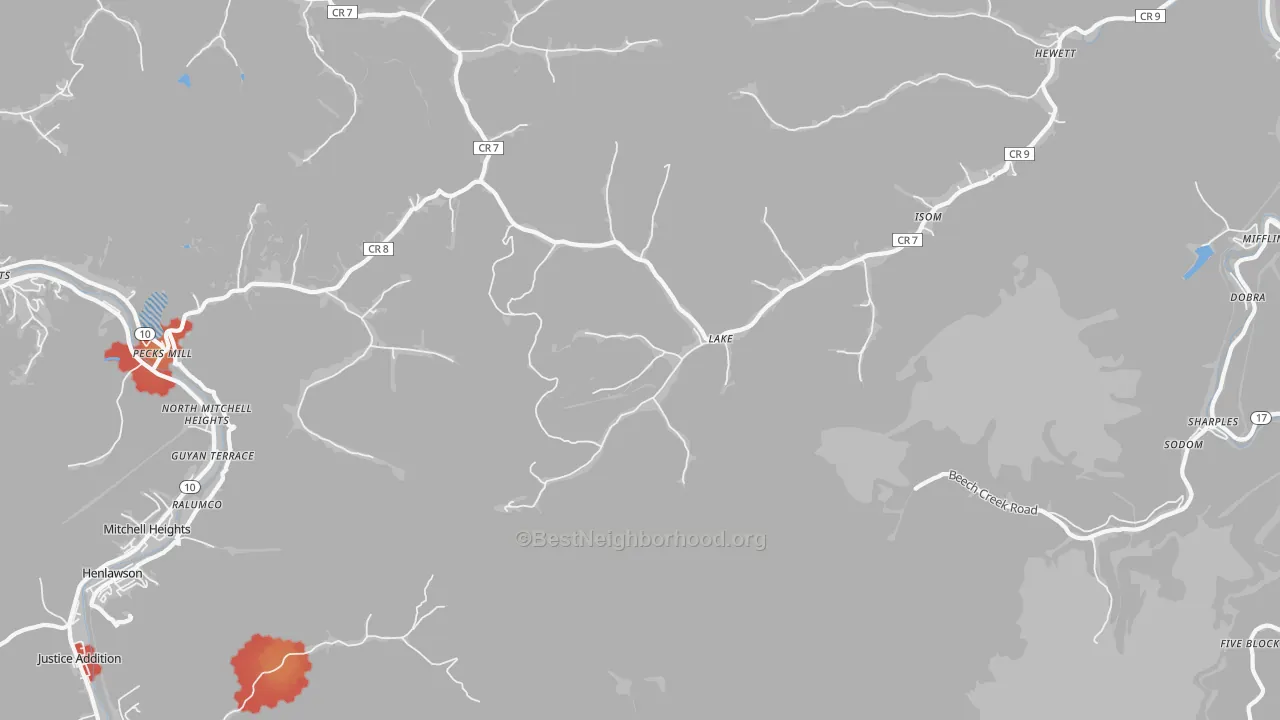 Walk Grade map of Lake, WV, walkable areas in green and car-dependent areas in red