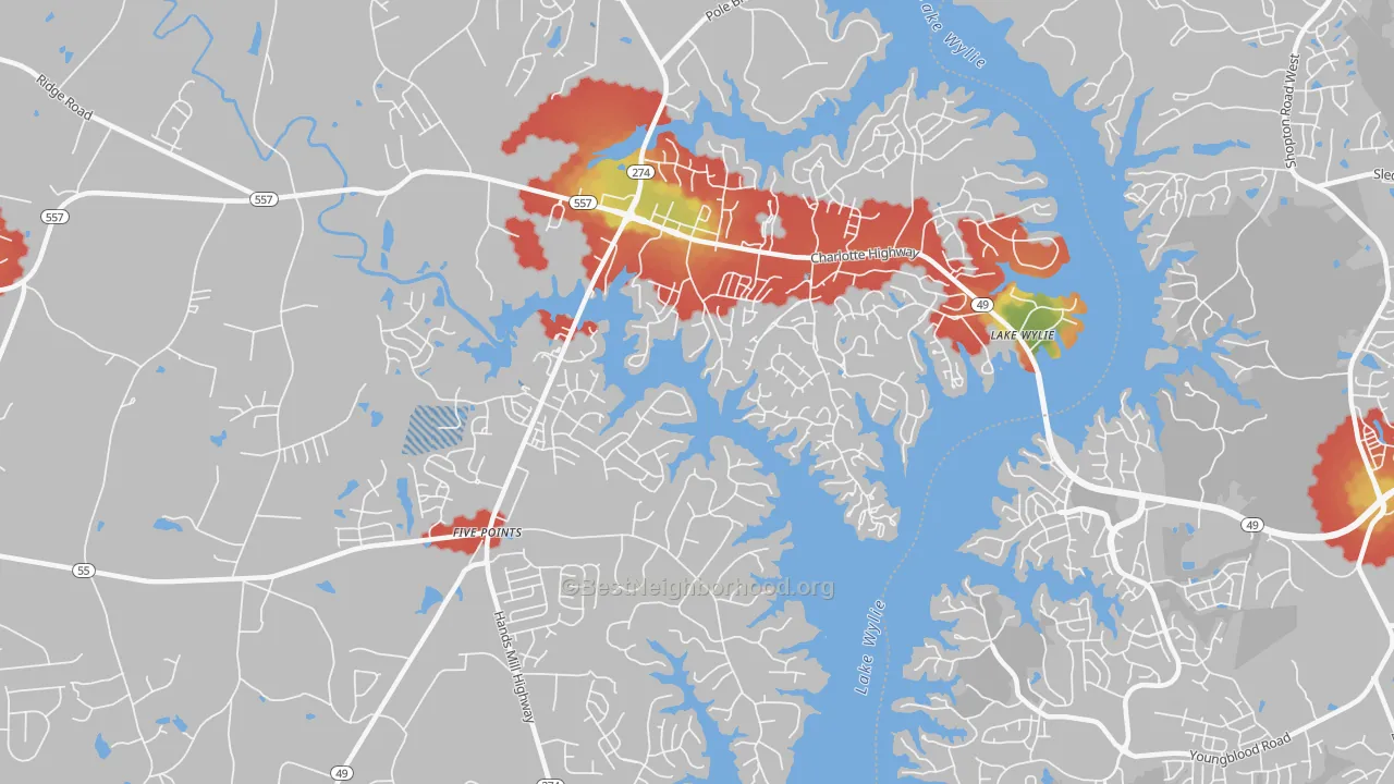 Walk Grade map of Lake Wylie, SC, walkable areas in green and car-dependent areas in red