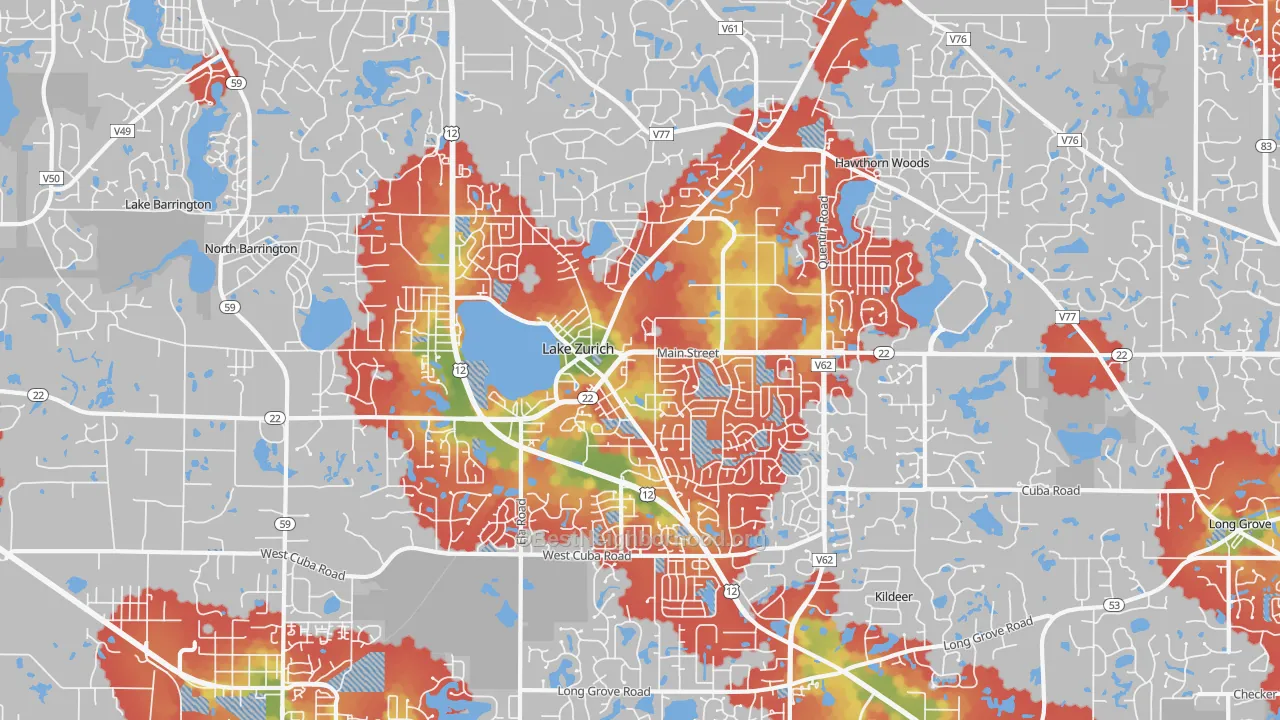 Walk Grade map of Lake Zurich, IL, walkable areas in green and car-dependent areas in red