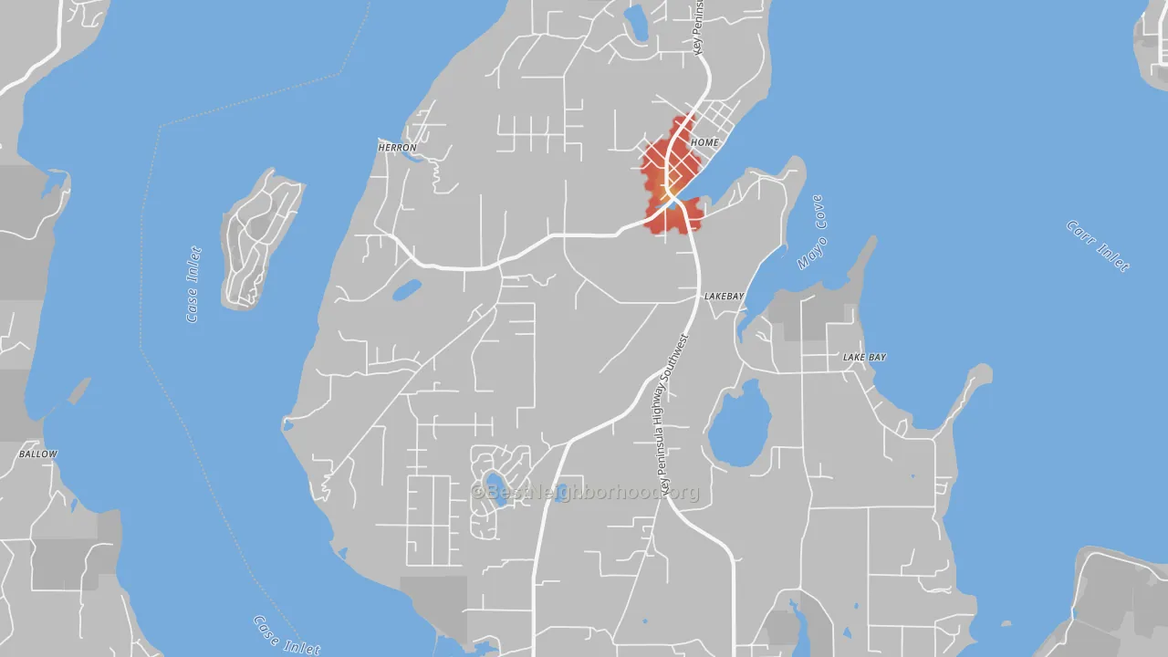 Walk Grade map of Lakebay, WA, walkable areas in green and car-dependent areas in red
