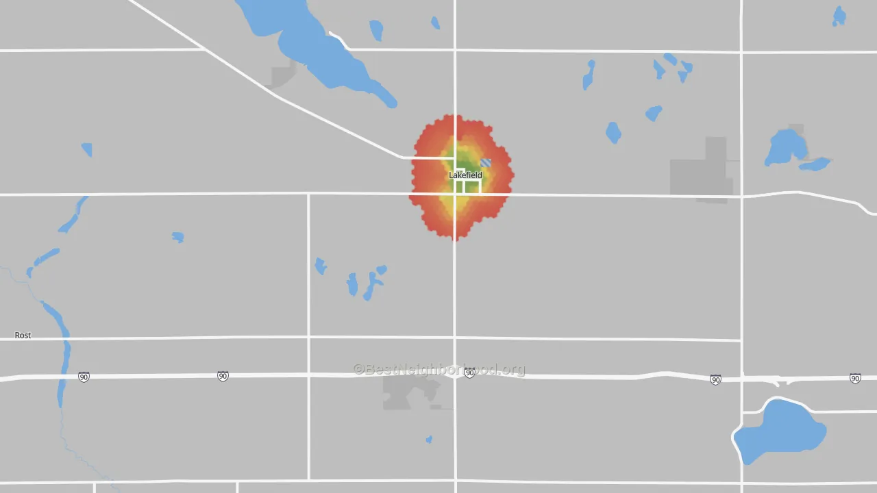 Walk Grade map of Lakefield, MN, walkable areas in green and car-dependent areas in red