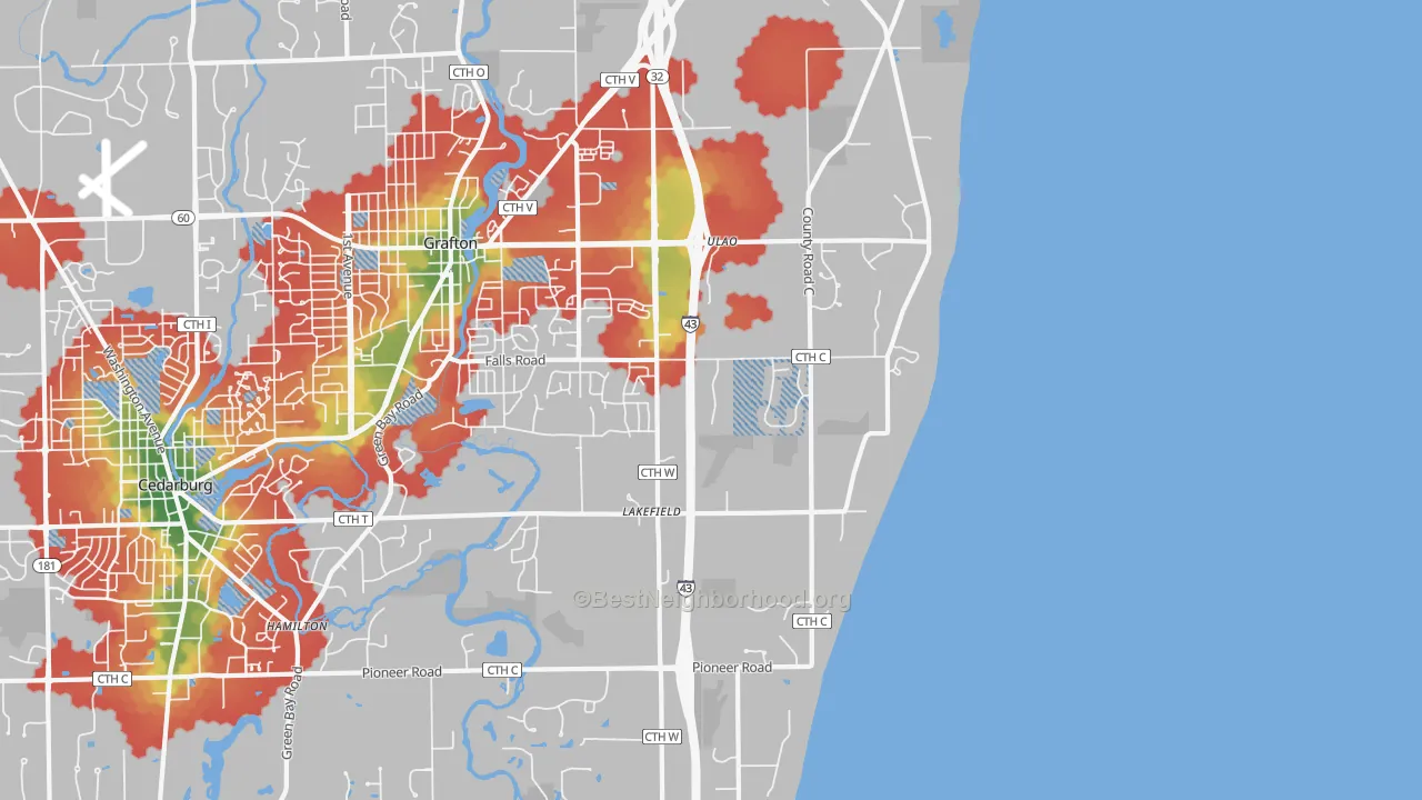 Walk Grade map of Lakefield, WI, walkable areas in green and car-dependent areas in red