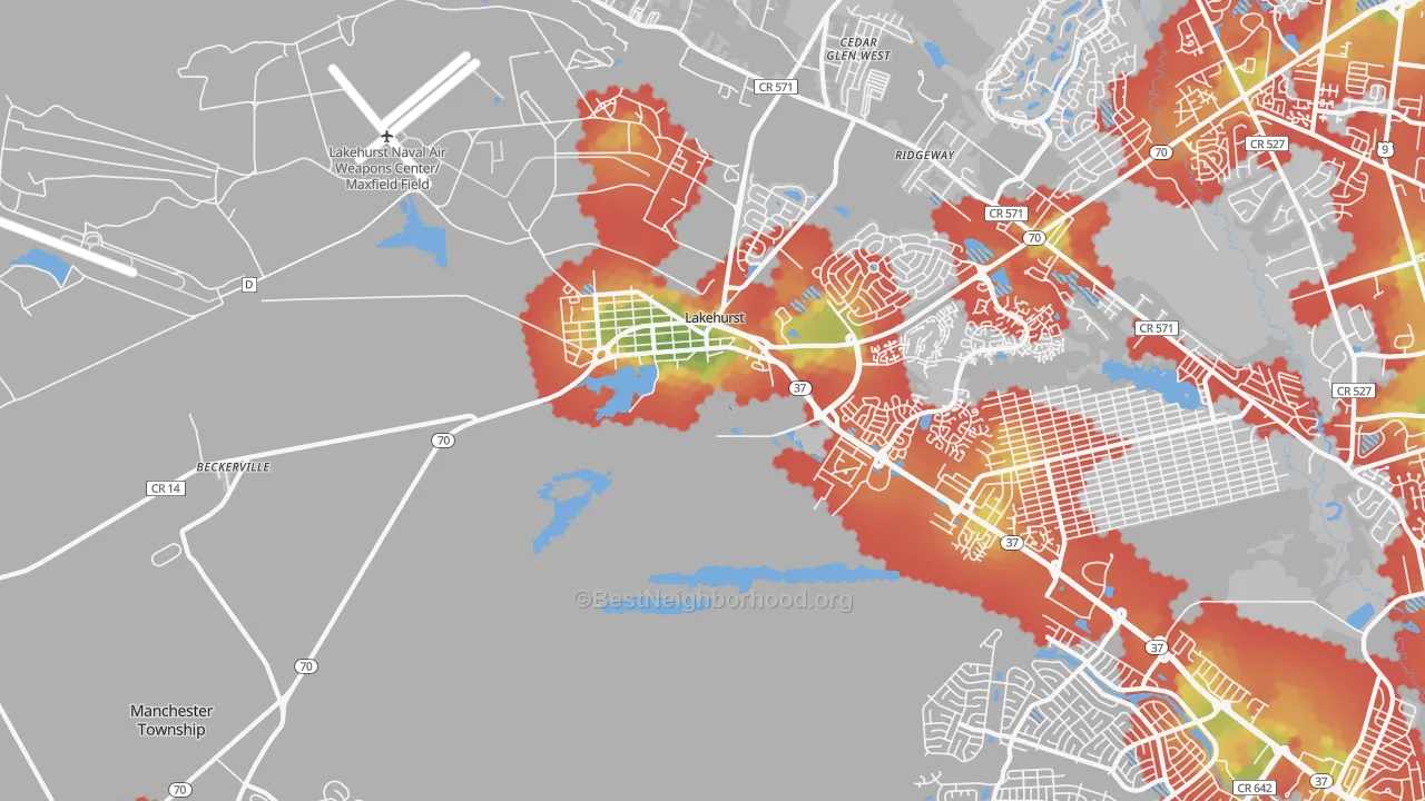 Walk Grade map of Lakehurst, NJ, walkable areas in green and car-dependent areas in red