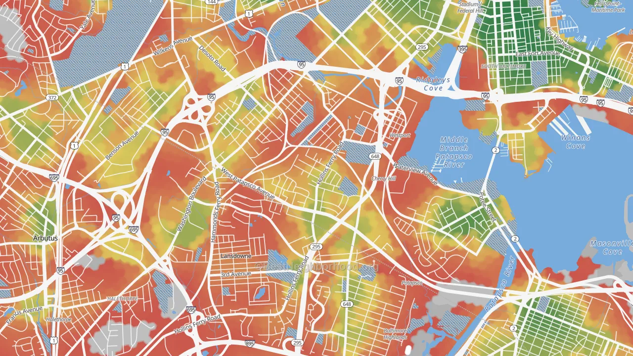 Walk Grade map of Lakeland, Baltimore, MD, walkable areas in green and car-dependent areas in red