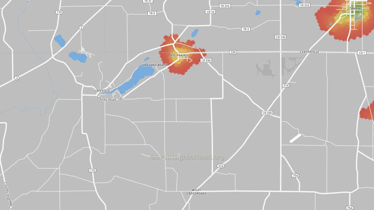 Walk Grade map of Lakeland Beach, OH, walkable areas in green and car-dependent areas in red