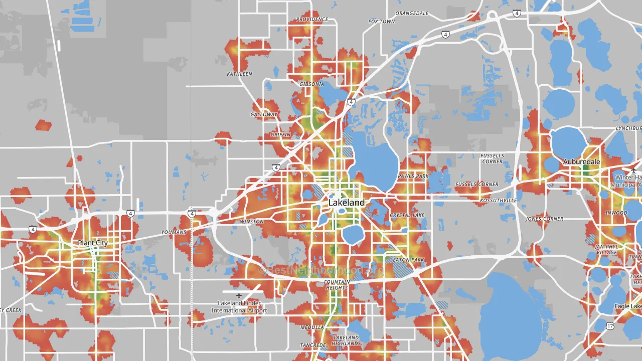 Walk Grade map of Lakeland, FL, walkable areas in green and car-dependent areas in red