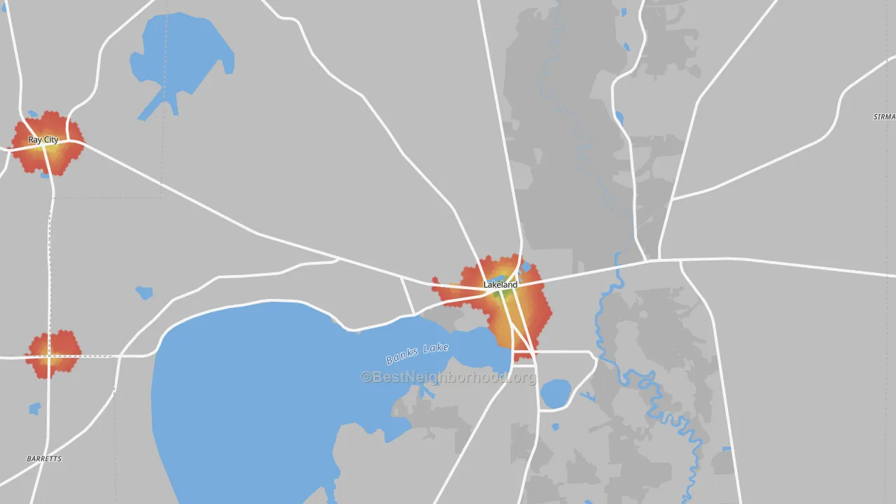 Walk Grade map of Lakeland, GA, walkable areas in green and car-dependent areas in red