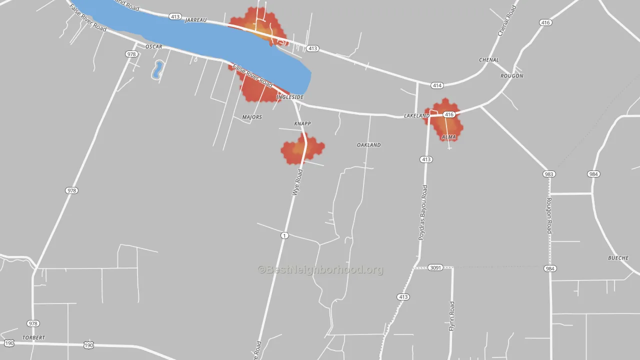 Walk Grade map of Lakeland, LA, walkable areas in green and car-dependent areas in red