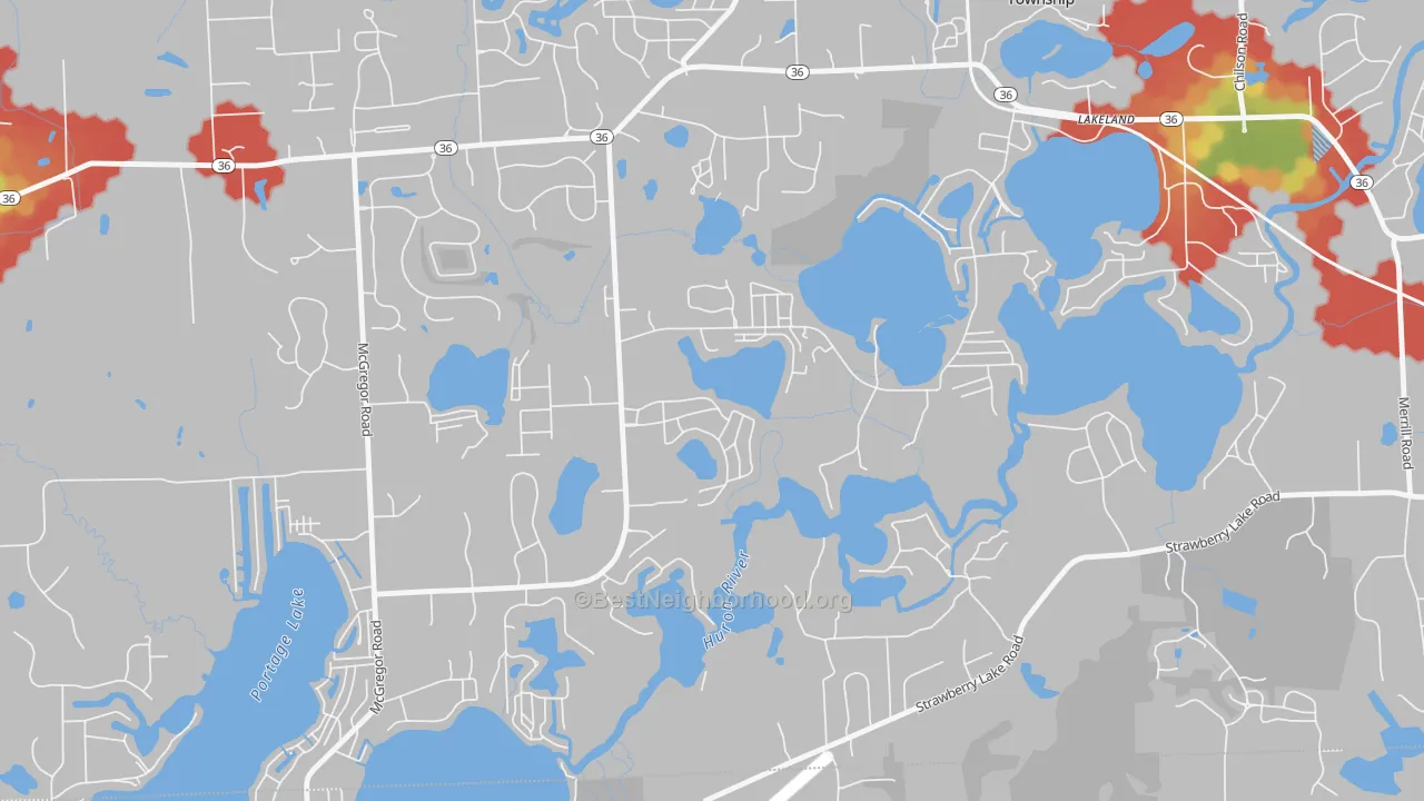 Walk Grade map of Lakeland, MI, walkable areas in green and car-dependent areas in red