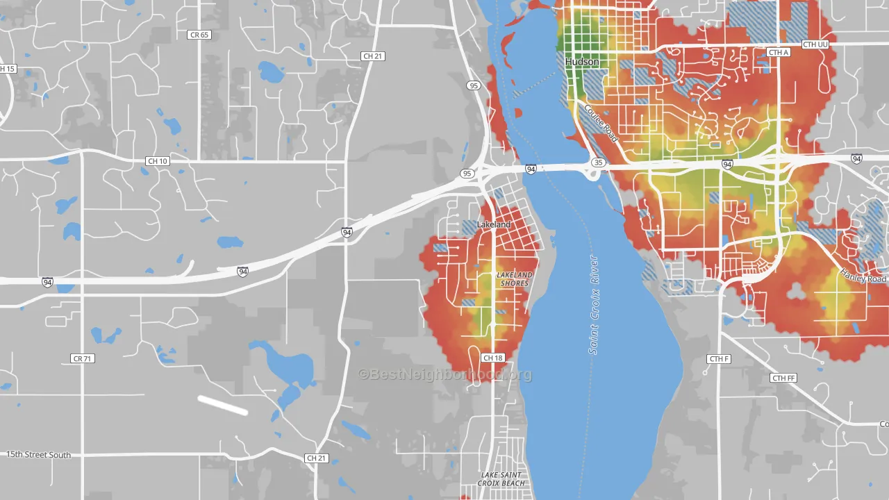 Walk Grade map of Lakeland, MN, walkable areas in green and car-dependent areas in red