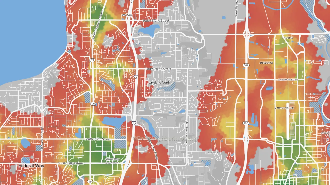 Walk Grade map of Lakeland North, WA, walkable areas in green and car-dependent areas in red