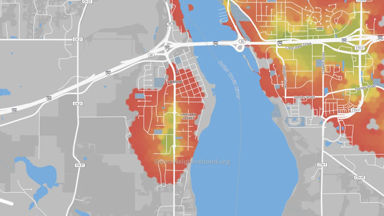 Walk Grade map of Lakeland Shores, MN, walkable areas in green and car-dependent areas in red