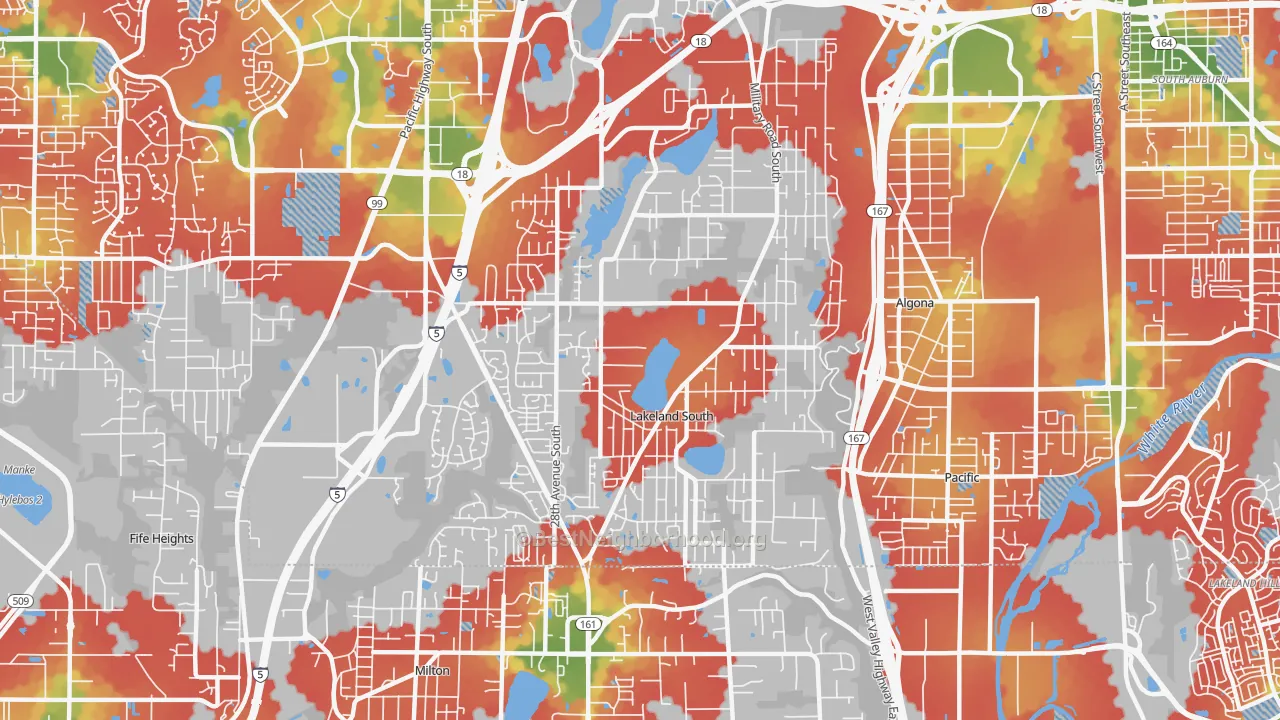 Walk Grade map of Lakeland South, WA, walkable areas in green and car-dependent areas in red