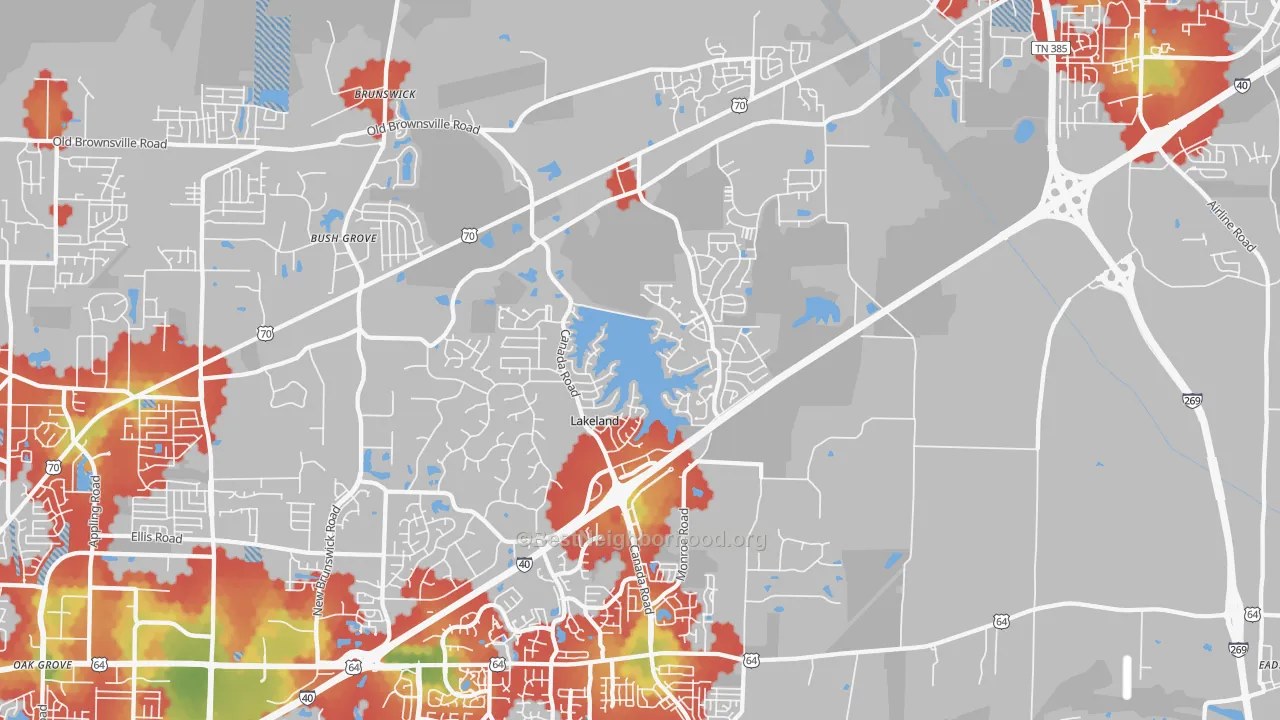 Walk Grade map of Lakeland, TN, walkable areas in green and car-dependent areas in red